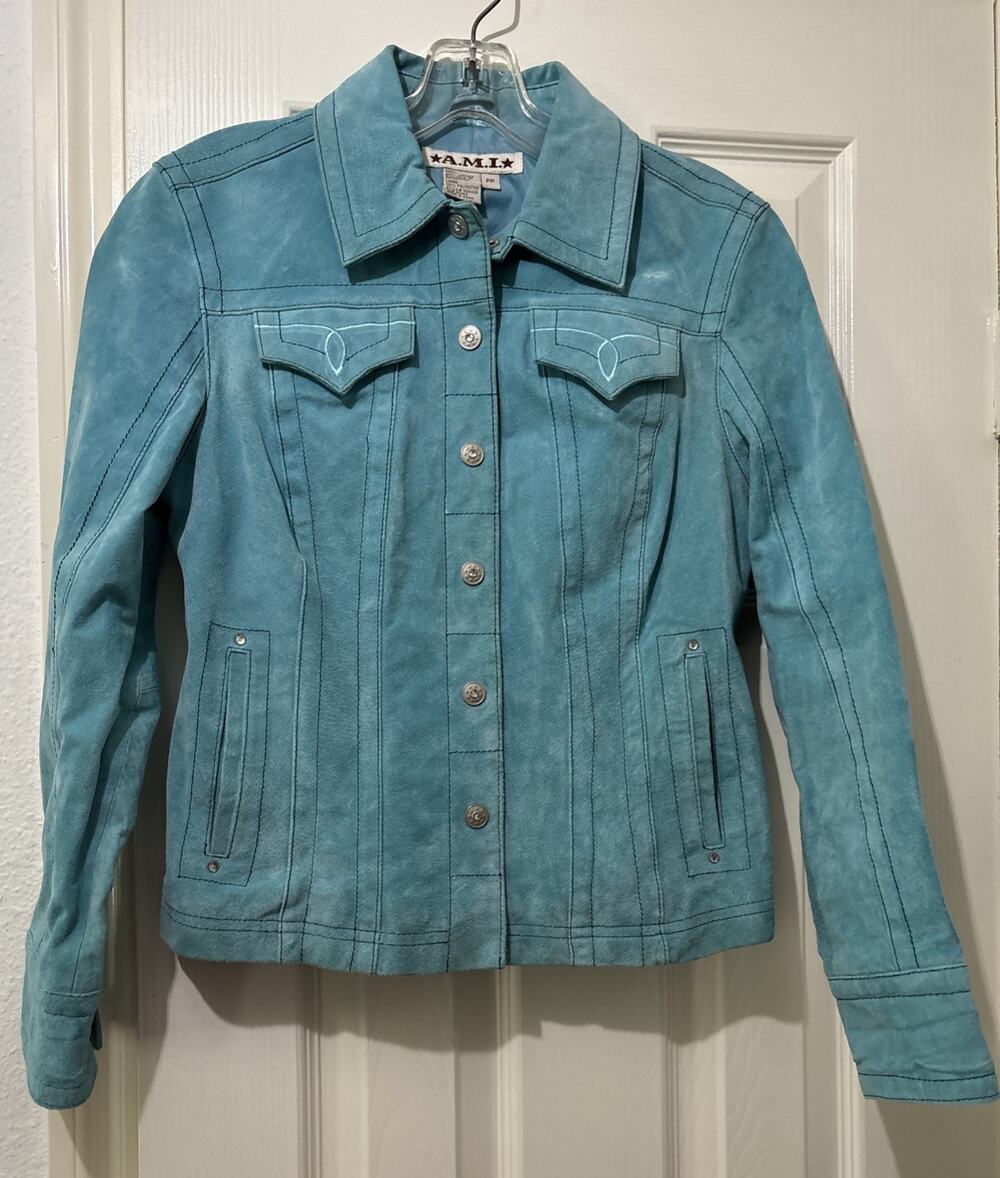 A.M.I. Vintage Suede Leather Jacket Women’s Petite XS Teal Western Trucker Snap